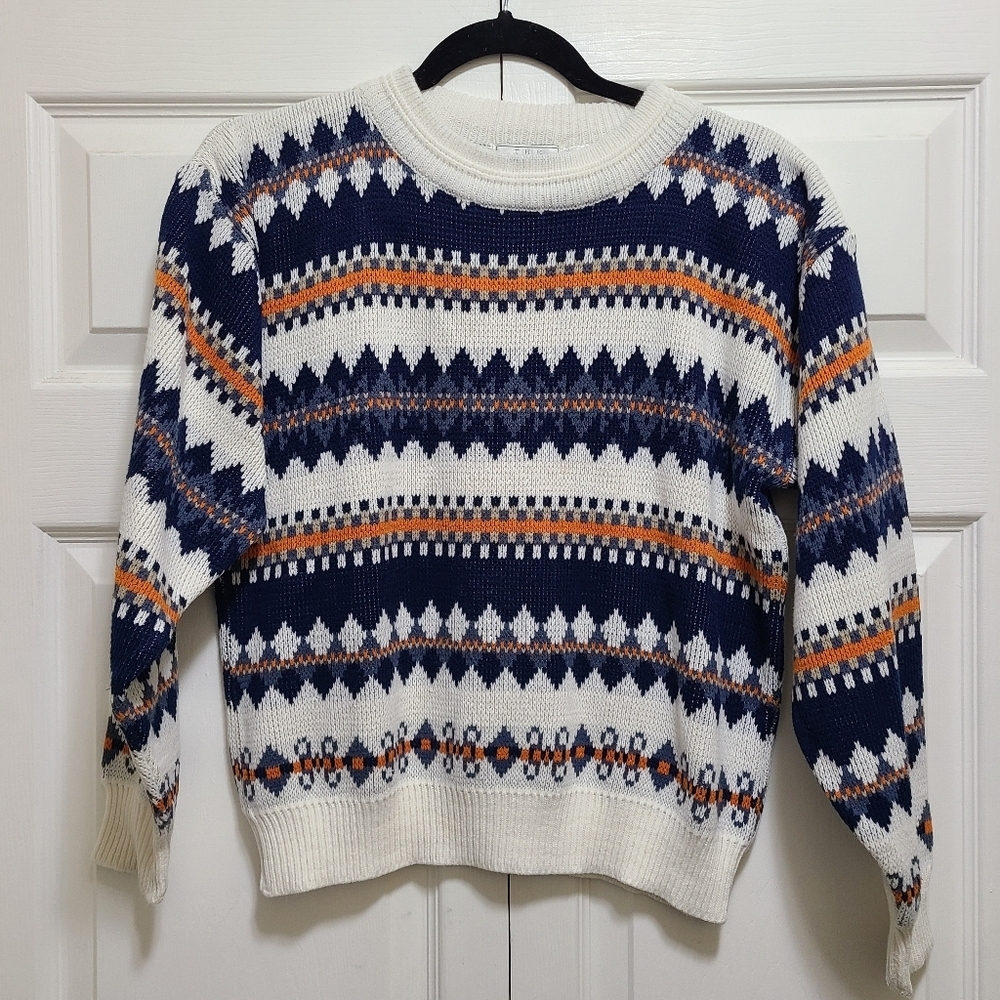 80's Vintage‎ Mens Store Sears Sweaters  White Blue Pullover Crewneck Knit SMALL